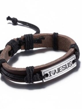 Leather Adjustable I Love Jesus Spiritual Brown Bracelet Unisex Adult